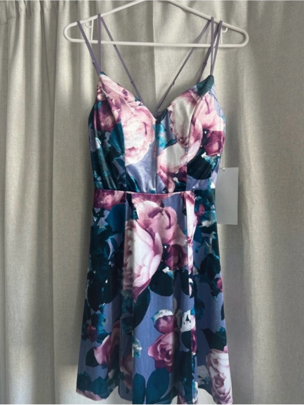 Honey and Rosie Lavender Floral V-Neck Spaghetti Strap Mini Dress